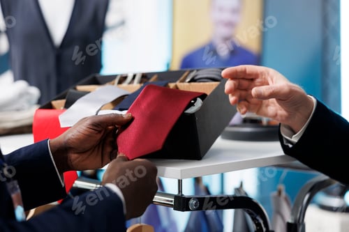 Preview: Showroom worker helping customer with red tie