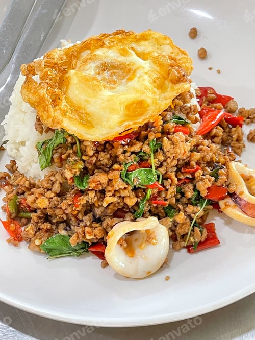 Preview: Rice topped with stir-fried pork and basil, Rice topped with stir fried minced pork and basil