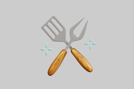 Aperçu: Fourchette et spatule croisées avec pilules éparpillées