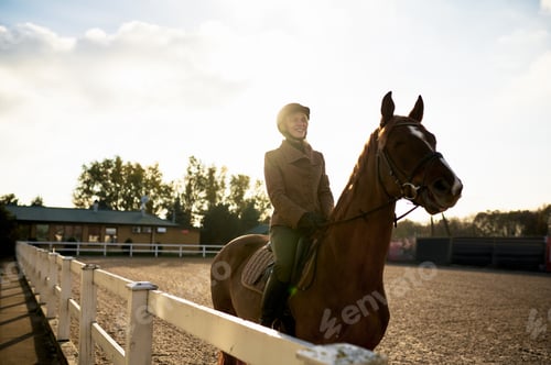 Preview: Attractive smiling female horse rider training in outdoor paddock