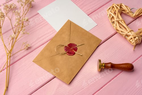 Preview: Envelope with letter on pink wooden background top view