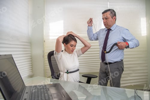 Preview: woman in polygraph test with measuring devices