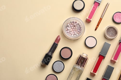 Preview: Beautiful composition with lipsticks on color background, flat lay. Space for text