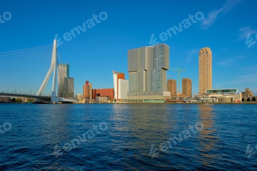 Preview: Rotterdam skyscrapers skyline and Erasmusbrug bridge over of Nieuwe Maas river. Rotterdam