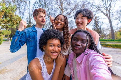 Preview: Happy diverse friends taking a group selfie in a park