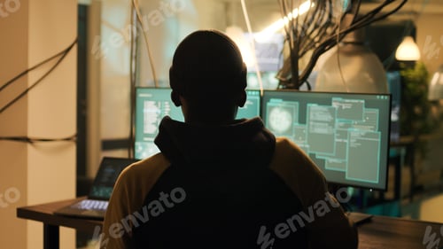 Preview: Silhouette of male hacker breaking firewall encryption to plant trojan virus