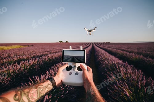 Preview: Man control drone with remote in flower field