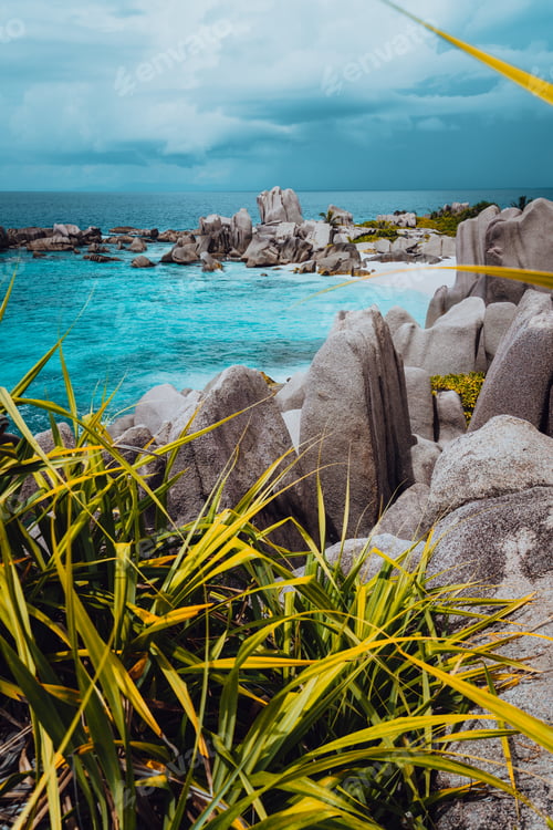 Preview: Impressive granite rocky beach Anse Marron in Seychelles. La Digue