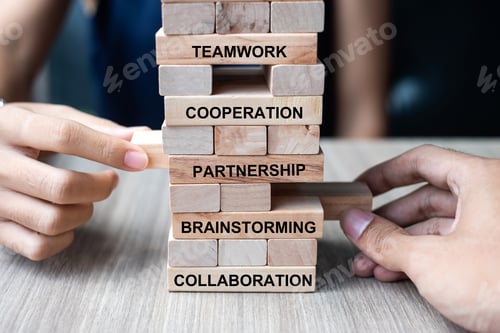 Preview: hand pulling block with text. Teamwork, Brainstorming, Partnership, Collaboration and Cooperation