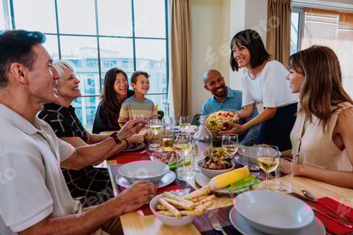 Preview: Family and friends reunion at home. family gathering enjoying dinner party meal together