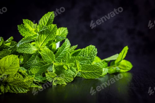 Preview: Green mint leaves on black background.