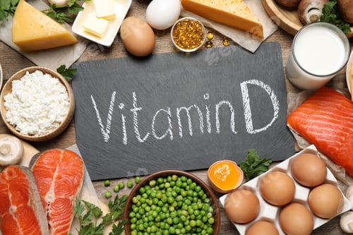 Preview: Flat lay composition with products rich in vitamin D on wooden table
