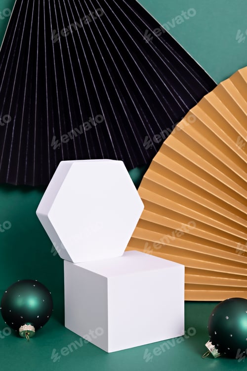 Preview: Podium, stand, platform for product presentation.Abstract background made of paper fans and