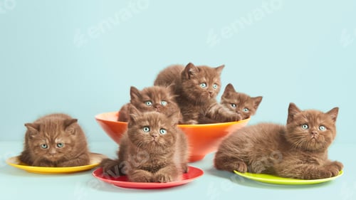 Preview: Brown kittens on colorful plates