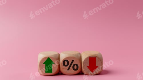 Preview: Wooden cubes with green arrow and red arrow with icon percentage symbol on pink background.