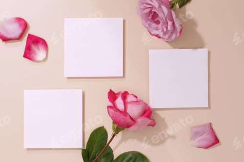 Preview: Wedding flat lay composition with blank paper cards and rose flowers on beige background.