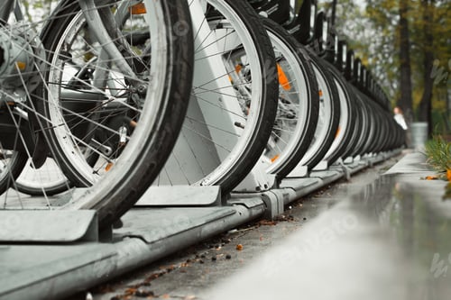 Preview: Bicycles for rent. Close-up of the wheels of parked bicycles in a row on the sidewalk in the city