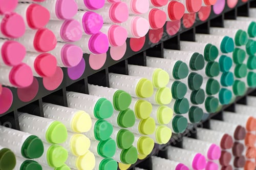 Preview: A variety of markers in various colors on a display of products for artists