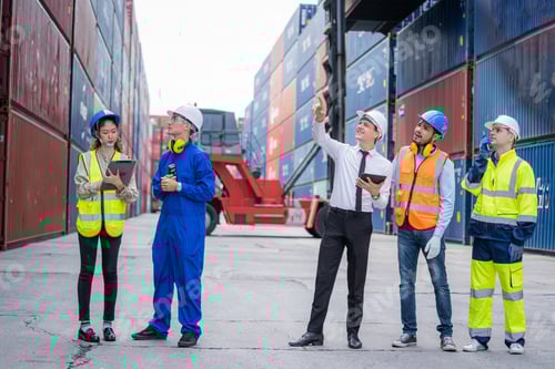 Preview: Engineer team and Businessman planning the transportation of goods for import or export.