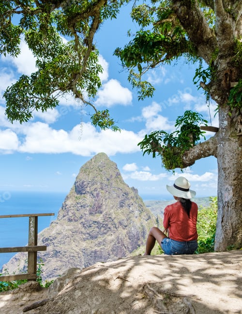 Preview: Women hiking in Saint Lucia Caribbean, nature trail in the jungle of Saint Lucia huge Pitons