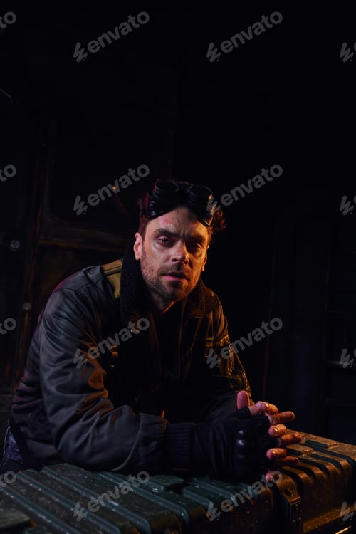 Preview: thoughtful man with military goggles near weapon box in abandoned subway, life after catastrophe
