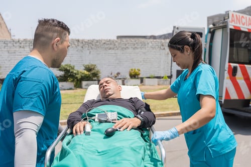 Preview: Ambulance workers standing next a patient lying in a stretcher