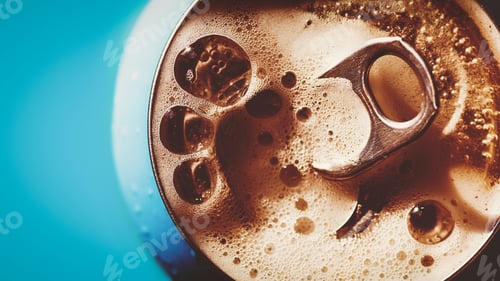 Preview: Frothing beer, cola or energy drink from open can, top view, copy space
