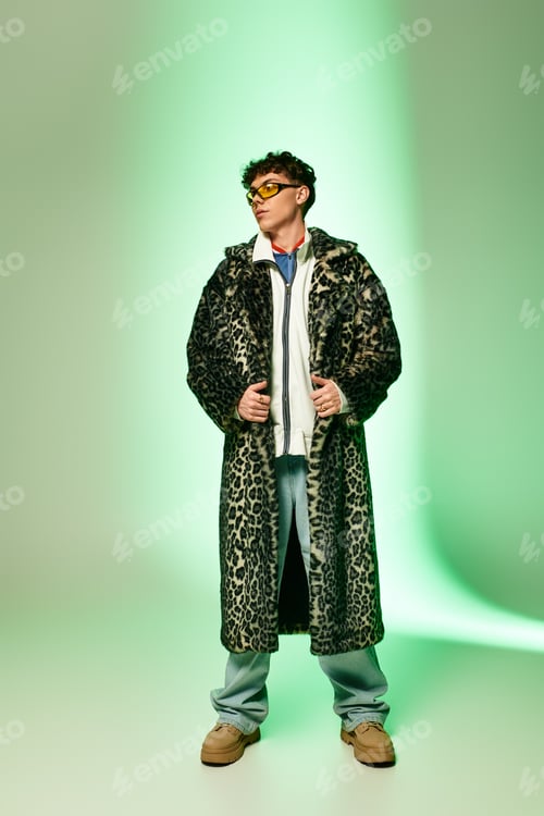 Preview: Stylish man showcasing bold fashion with animal print coat in contemporary setting