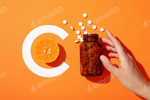 Preview: Vitamin C in a bottle in the form of tablets.