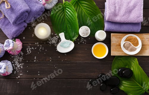 Preview: Spa treatment, aromatherapy background. Details and accessories
