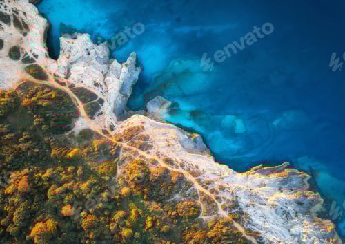 Preview: Aerial view of blue sea, rocks in clear water, beach, green trees