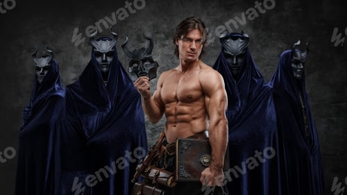 Preview: Shirtless man posing against four cultists and dark background