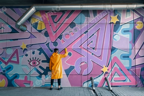 Preview: Street artist painting colorful graffiti on wall