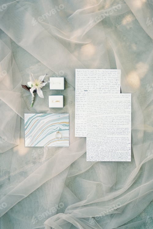 Preview: Wedding rings in boxes lie on the veil near the boutonniere and vows of the bride and groom