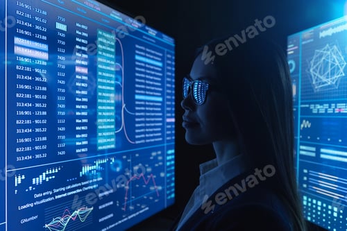 Preview: The businesswoman works with blue screen.