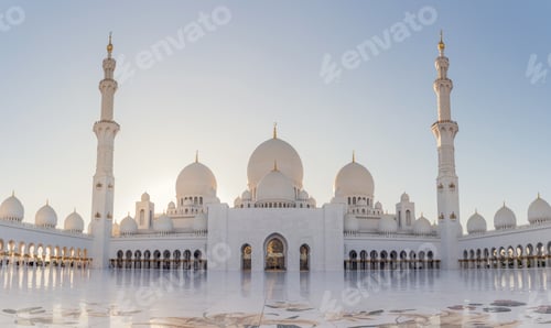 Preview: Low angle shot of the historic Sheikh Zayed mosque in Abu Dhabi, United Arab Emirates