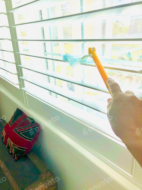 Preview: Woman cleaning her window shutters.