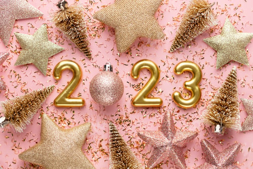 Preview: Happy New Year 2023 poster. Christmas background with gold 2023 numbers.