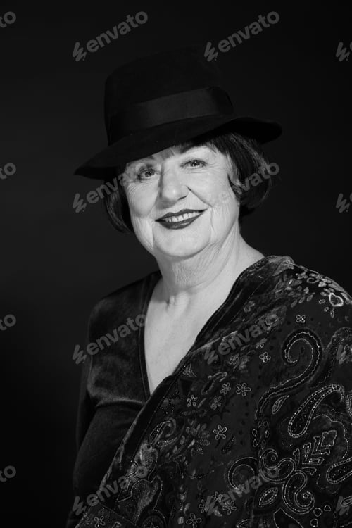 Preview: Retro Glamour Studio Portrait Of Senior Woman. Black And White Photo.