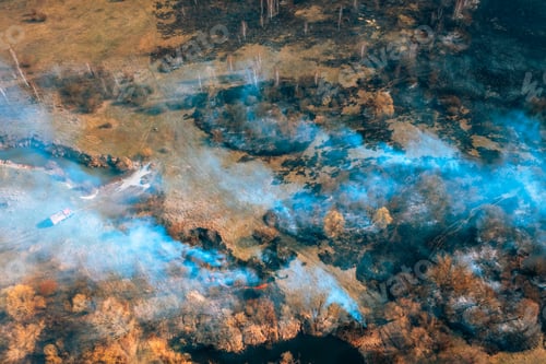 Preview: Concept Of Save Nature. Nature In Danger. Wild Open Fire Destroys Grass. Natural Disaster. Aerial