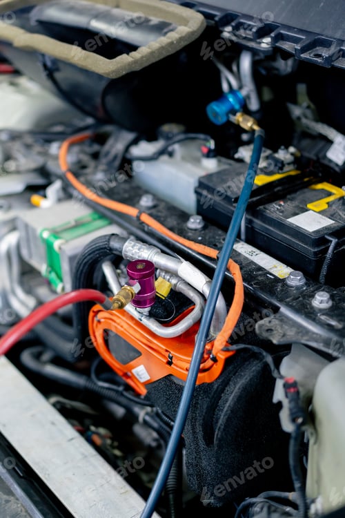 Preview: close-up in clean car service in the front of the car under the hood car power wiring system engine