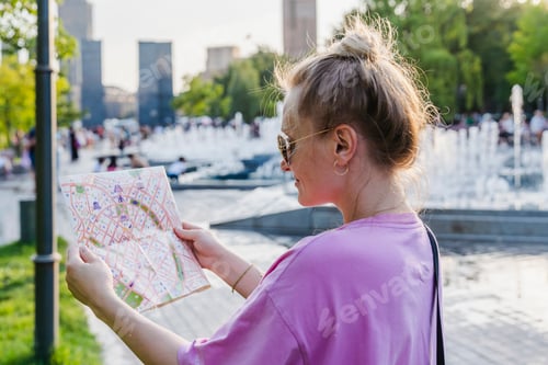 Preview: Beautiful Smiling Young Woman Tourist consulting a paper map
