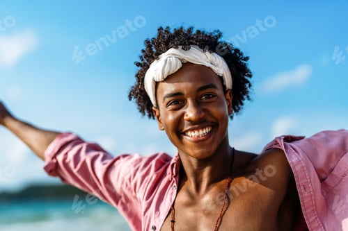 Vista previa: Young Black man enjoying a sunny beach day, running through ocean waves, smiling and feeling free