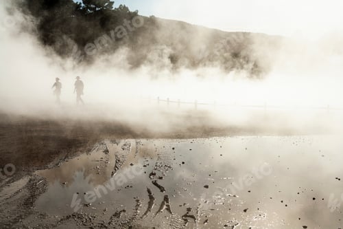 Preview: Thermal pools with mist rising from the heated water pools