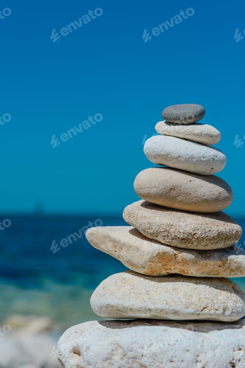 Preview: Heap Of Stones- Cobble. Boulders On The Beach On Background Of Blue Sky- Abstract Natural Landscape