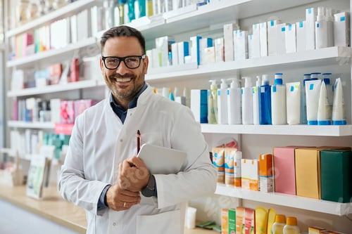 Preview: Portrait of happy pharmacist in drugstore looking at camera.
