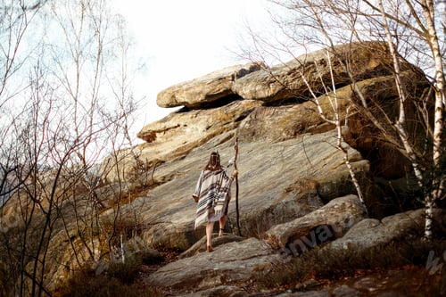 Preview: beautiful native indian american woman on background of woods and rocks