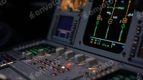 Preview: Illuminated Cockpit Control Panel in Airplane at Night