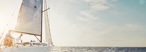 Preview: Sailing, people and couple steering boat at sea for tropical adventure, support or sightseeing natu