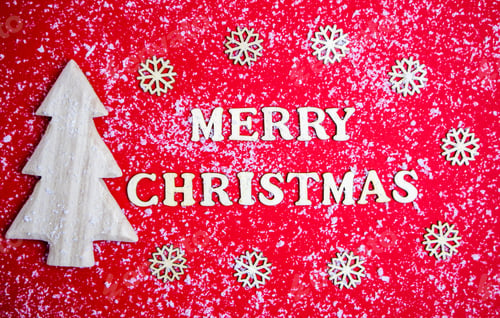 Preview: Merry Christmas card, wooden letters on a red background, snow, Christmas tree